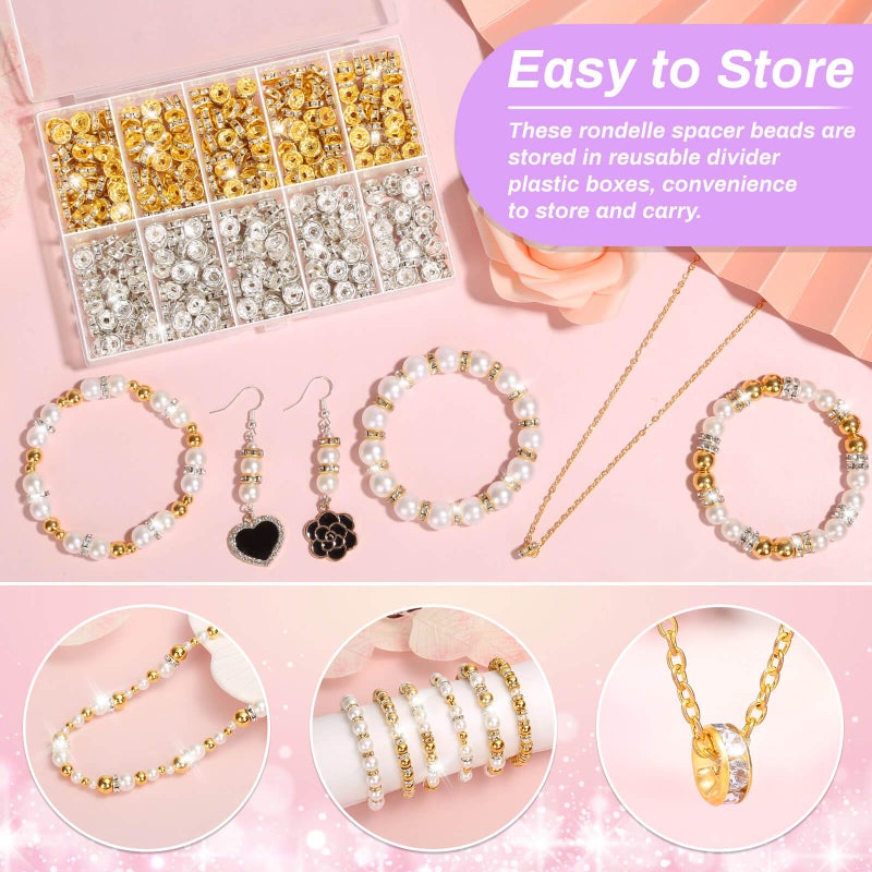 shynek Rondelle Spacer Beads for Jewelry Making  600 Pieces Rhinestone Spacer Beads Crystal Bead Spacers for Bracelets  Focal Beads for Pens(Silver and Gold) - Image 5